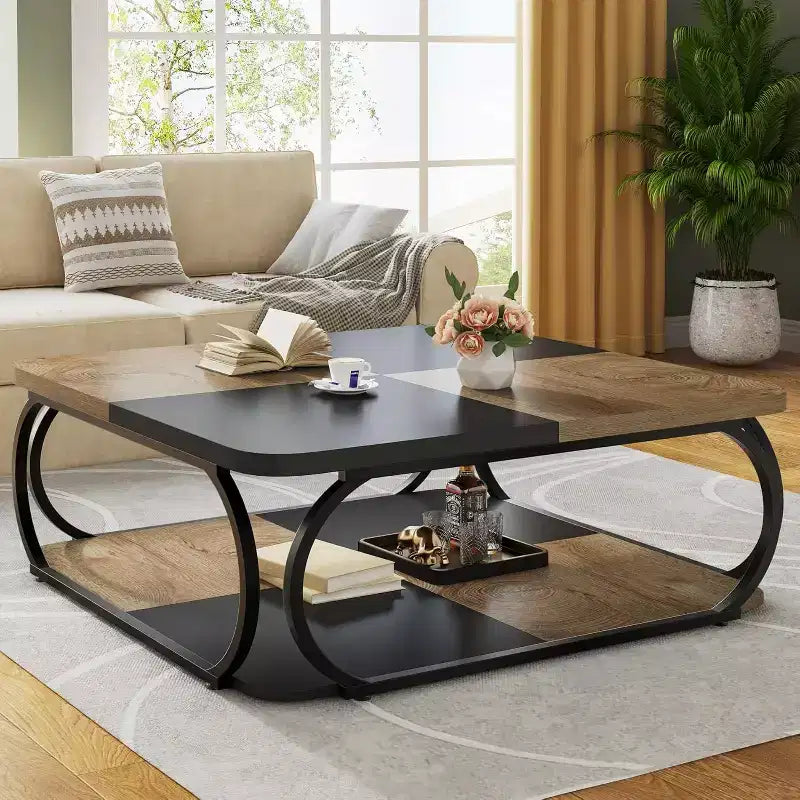 Lantine 40 Farmhouse 2-tier Low Square Coffee Table with Wood Storage Shelf Heavy Duty Metal Curved Frame for Living Room