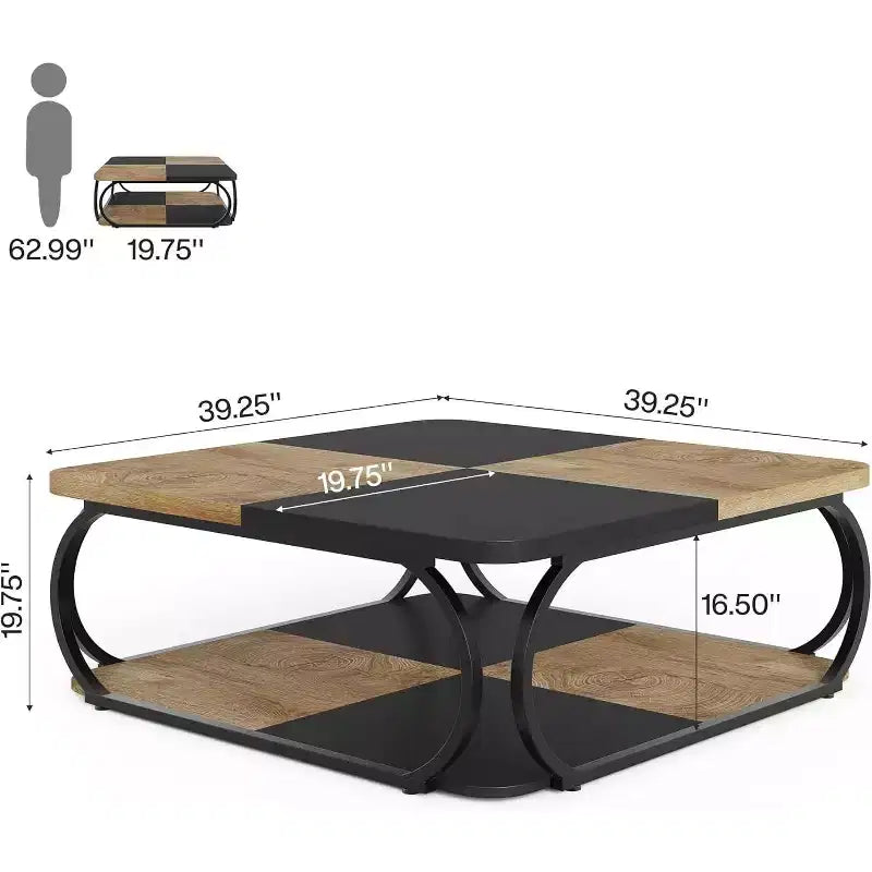 Lantine 40 Farmhouse 2-tier Low Square Coffee Table with Wood Storage Shelf Heavy Duty Metal Curved Frame for Living Room