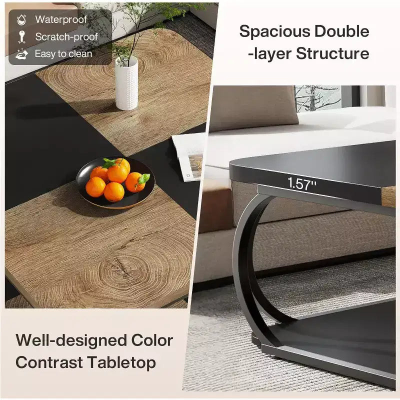 Lantine 40 Farmhouse 2-tier Low Square Coffee Table with Wood Storage Shelf Heavy Duty Metal Curved Frame for Living Room