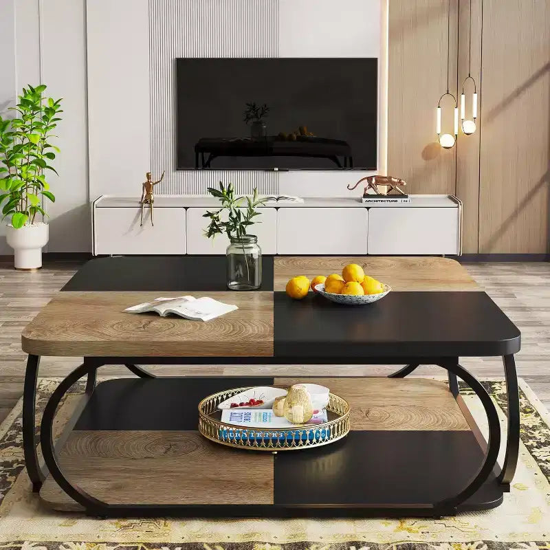 Lantine 40 Farmhouse 2-tier Low Square Coffee Table with Wood Storage Shelf Heavy Duty Metal Curved Frame for Living Room