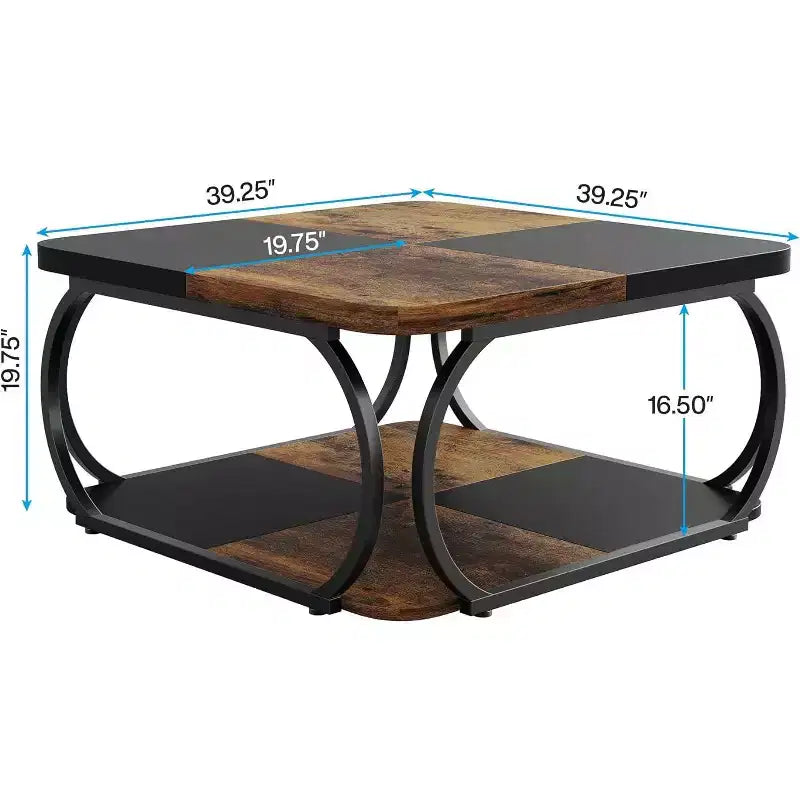 Lantine 40 Farmhouse 2-tier Low Square Coffee Table with Wood Storage Shelf Heavy Duty Metal Curved Frame for Living Room