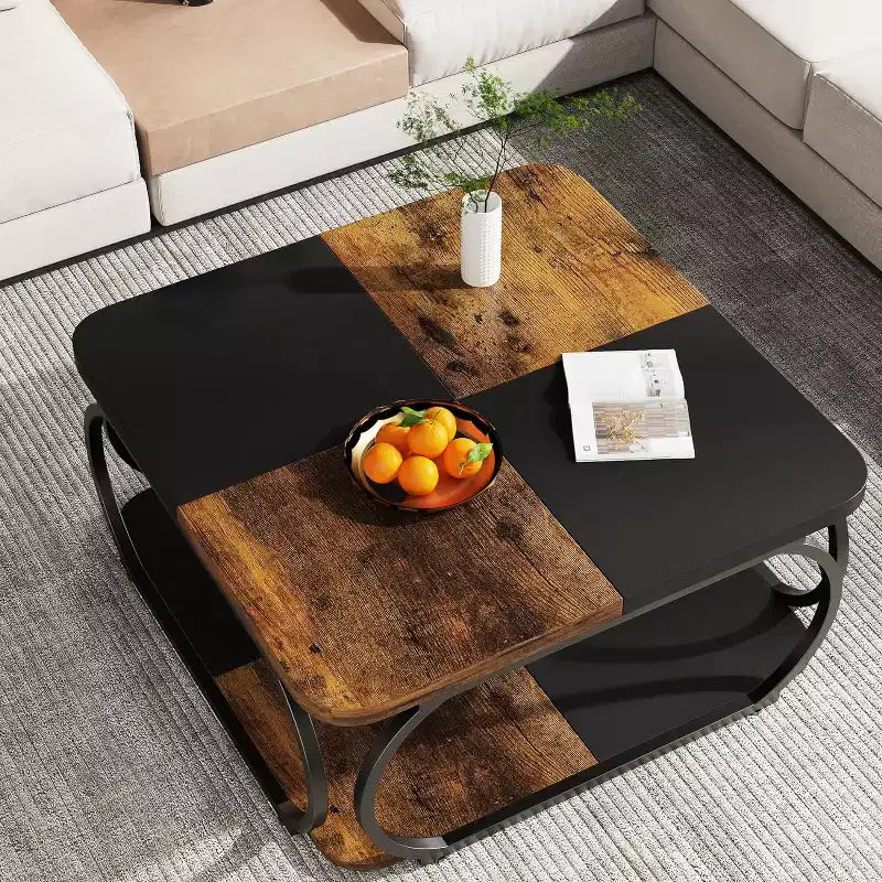 Lantine 40 Farmhouse 2-tier Low Square Coffee Table with Wood Storage Shelf Heavy Duty Metal Curved Frame for Living Room