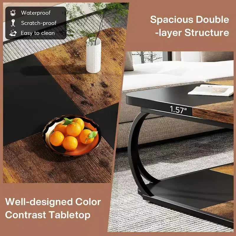 Lantine 40 Farmhouse 2-tier Low Square Coffee Table with Wood Storage Shelf Heavy Duty Metal Curved Frame for Living Room