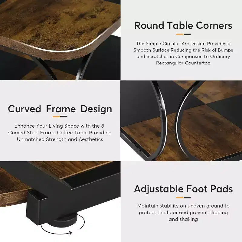 Lantine 40 Farmhouse 2-tier Low Square Coffee Table with Wood Storage Shelf Heavy Duty Metal Curved Frame for Living Room
