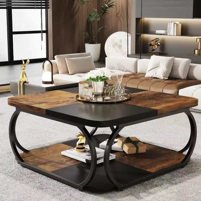 Lantine 40 Farmhouse 2-tier Low Square Coffee Table with Wood Storage Shelf Heavy Duty Metal Curved Frame for Living Room