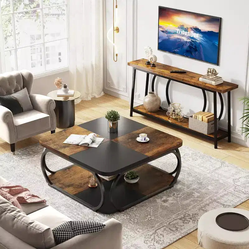 Lantine 40 Farmhouse 2-tier Low Square Coffee Table with Wood Storage Shelf Heavy Duty Metal Curved Frame for Living Room