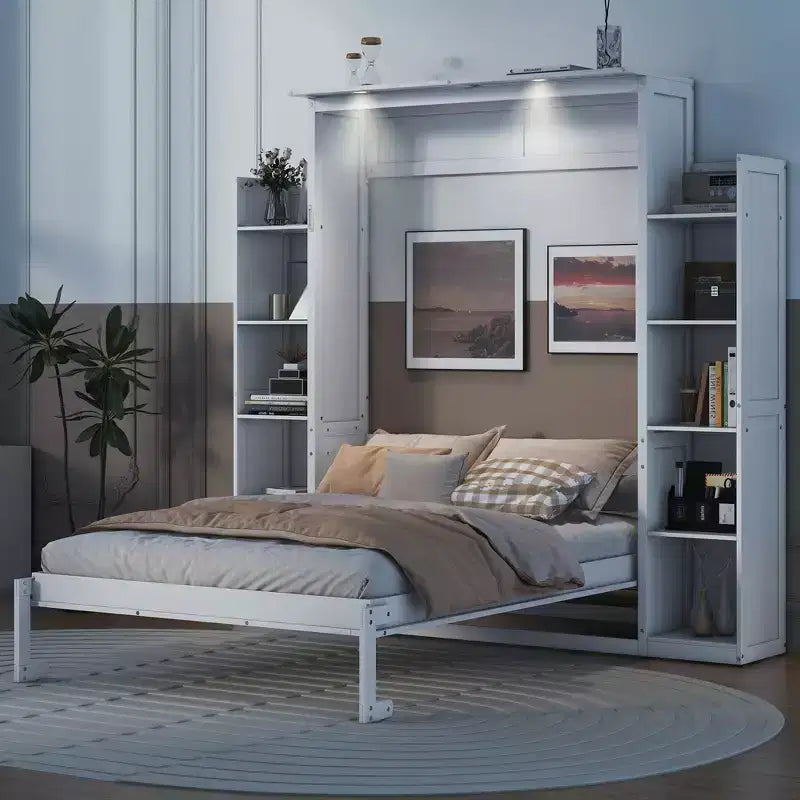 Full/Queen Size Murphy Bed/Wall Bed with Shelves and LED Lights 4A - ModernLuxe