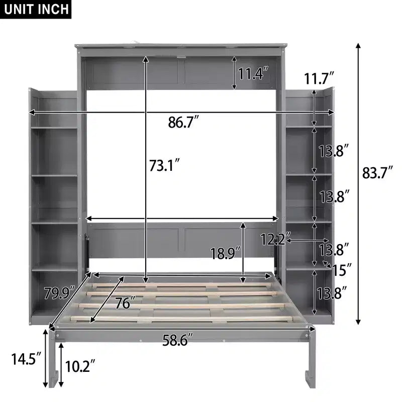 Full/Queen Size Murphy Bed/Wall Bed with Shelves and LED Lights 4A - ModernLuxe