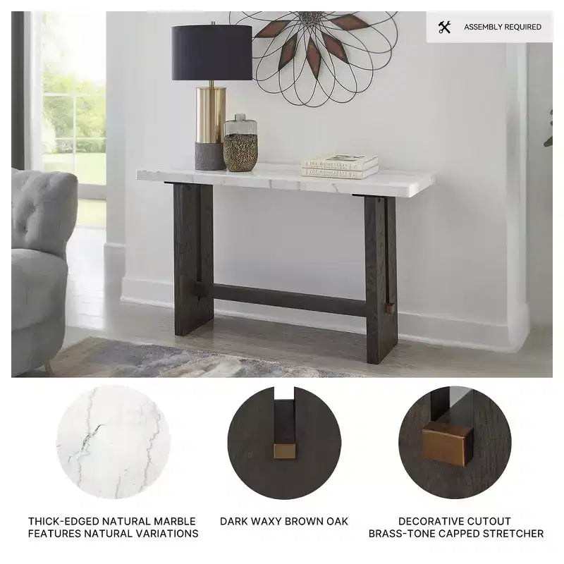 Signature Design by Ashley Burkhaus Sofa Table, Natural Marble Top, Dark Brown Oak Console for Living Room
