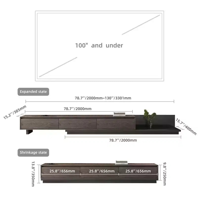 Luck Live Contemporary 78.7in modern expandable TV stand in Dark Walnut, media console with 3 drawers